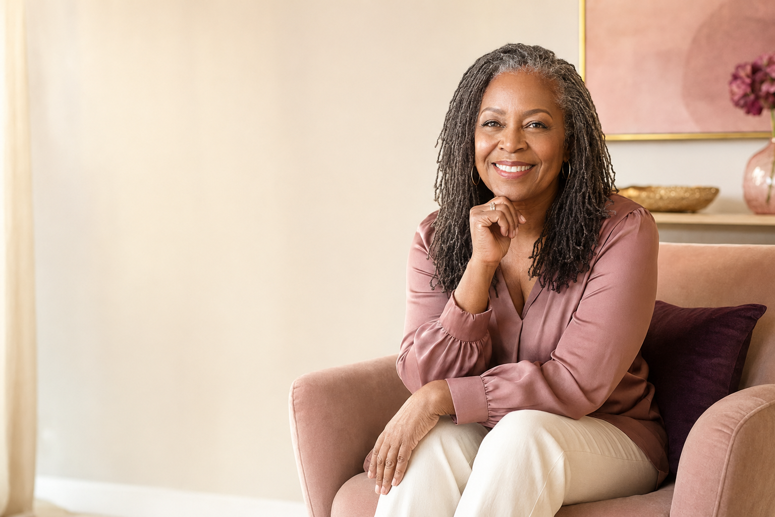 A joyful mature Black woman with beautiful gray-highlighted Sisterlocks